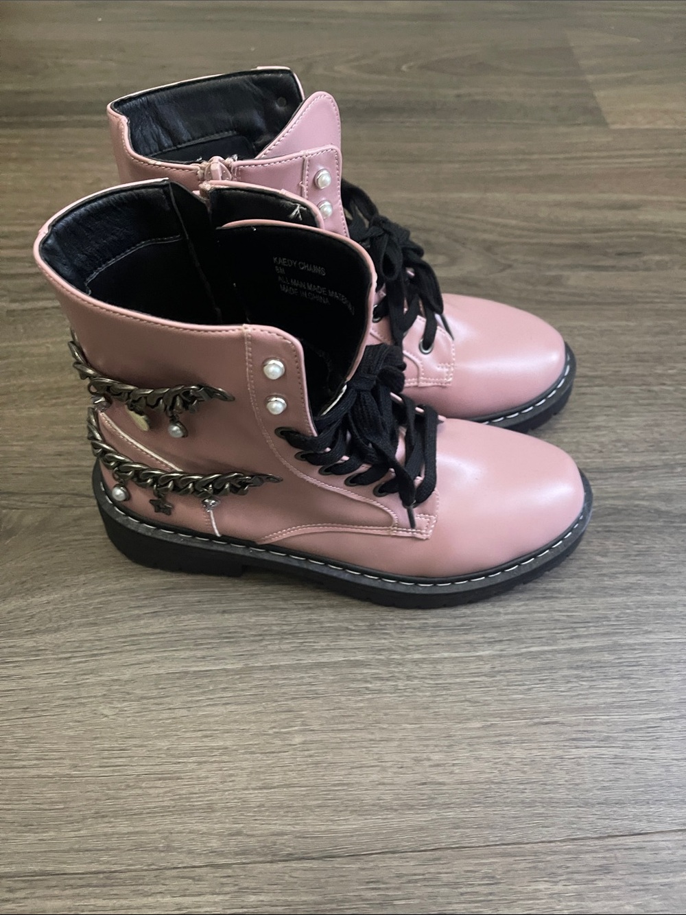 Pink Chain-Detail Lace-Up Combat Boots